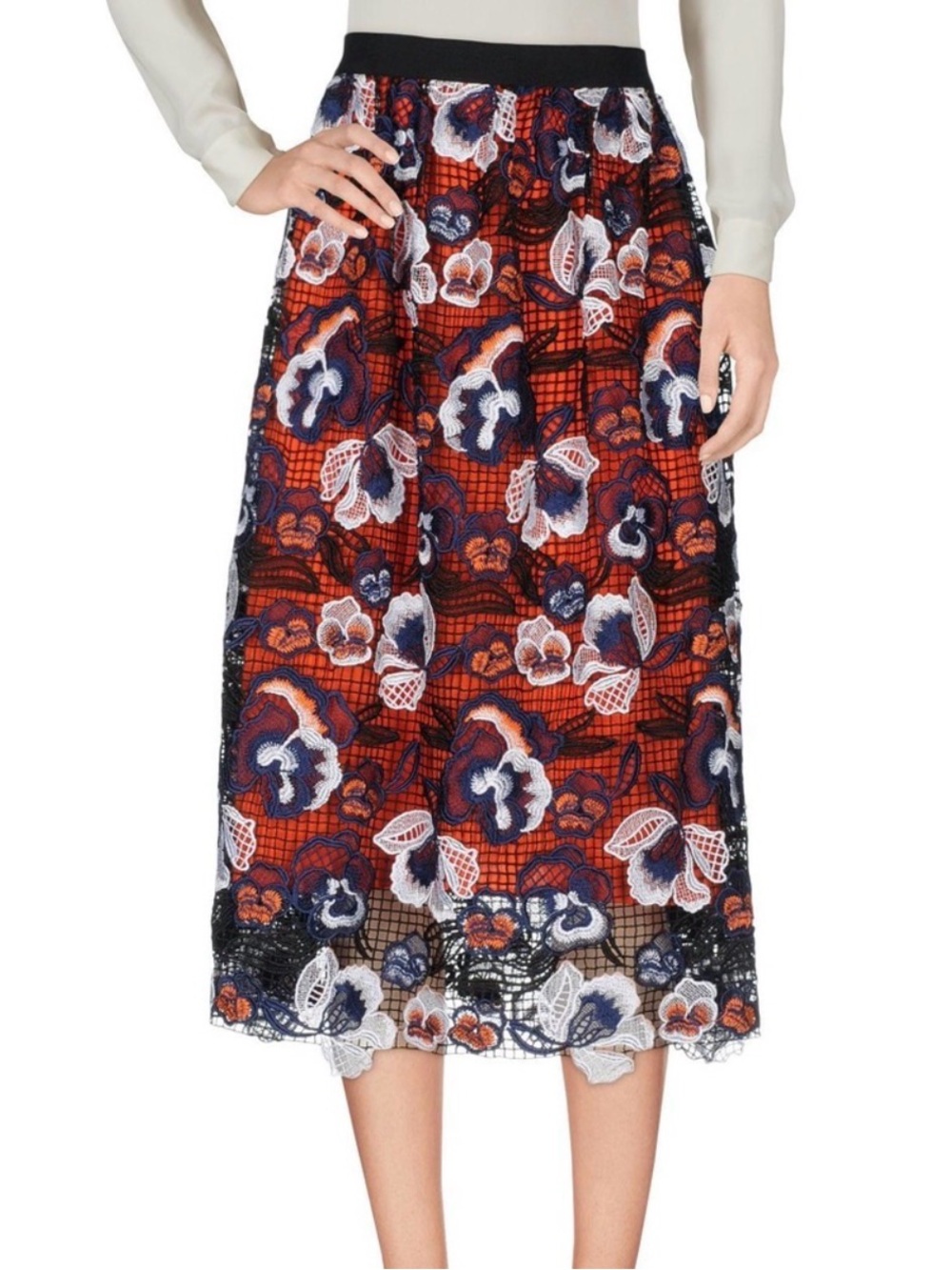 Self-Portrait size 6 Lace Midi Skirt Botanical Orange Navy Floral Crochet